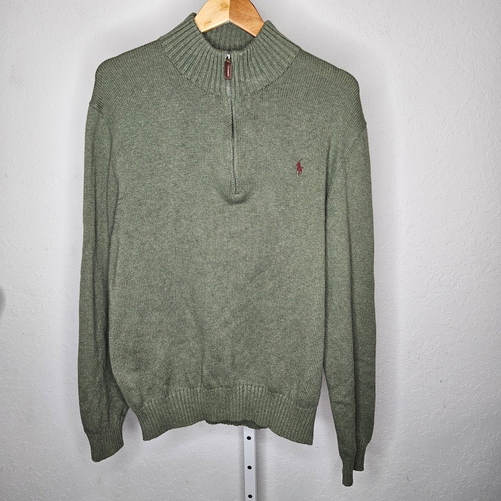 Polo Ralph Lauren Mens XL Olive Green Cotton Quarter Zip Sweater Red Pony Logo